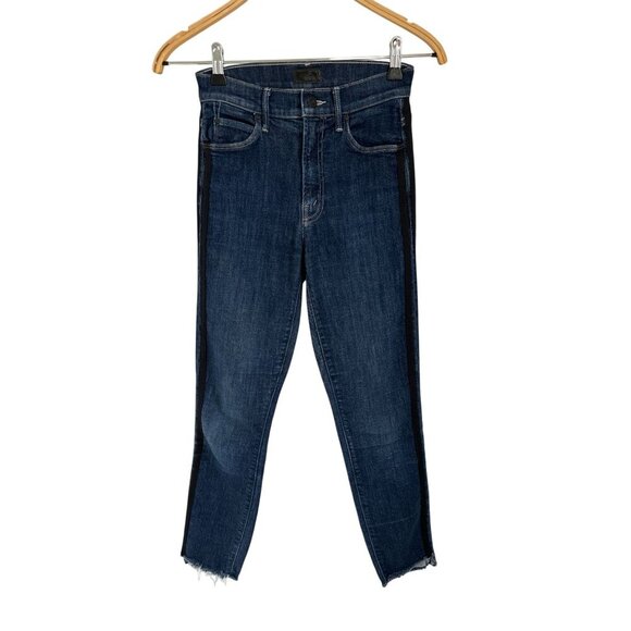 Mother The Stunner Zip Ankle Step Fray Blue Black Stripe Size 24 - Picture 1 of 12
